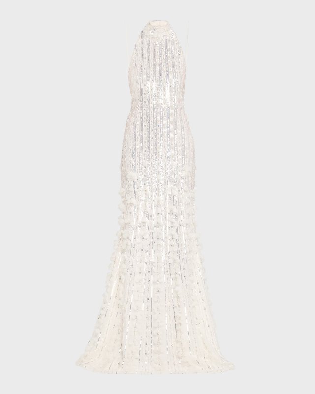 Sequined Tulle Petal Halter Gown